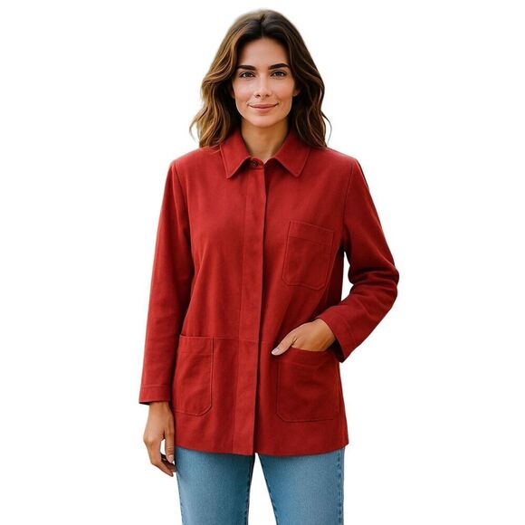 Doncaster 100% Leather Suede Car Jacket Coat long button lined Red Size 10  VTG - Picture 1 of 9